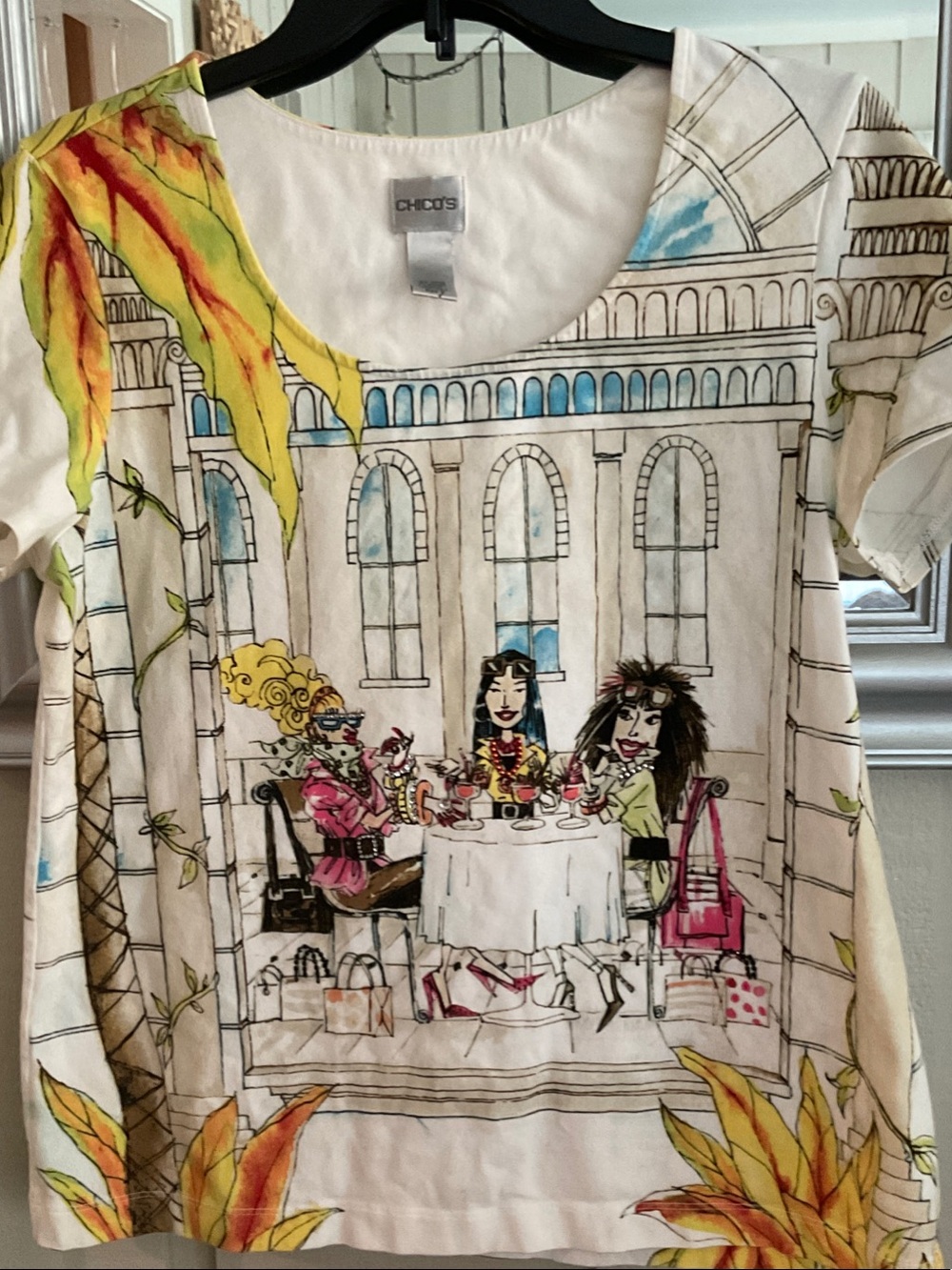 Chico's White Short-Sleeve Tee with Colorful Blinged Café Illustration